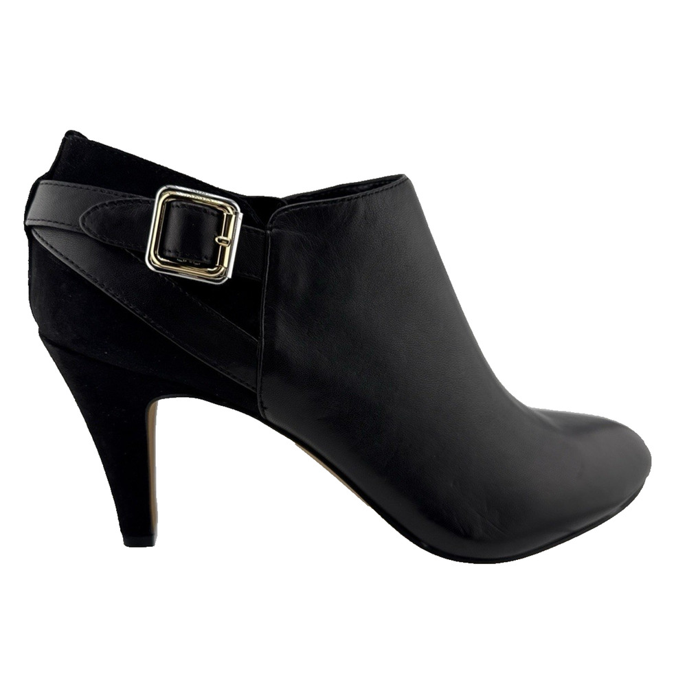 Vince Camuto Vayda Black Leather & Suede Bootie Gold Buckle Zip Size 10 M‎ NWB